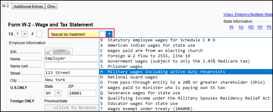 Image of "M - Military wages" selected from the "Special Tax treatment" drop list on screen W2